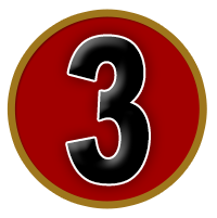 Black number three on a red circle with a gold border