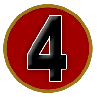 Black number four on a red circle with a gold border