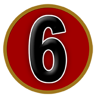 Black number six on a red circle with a gold border