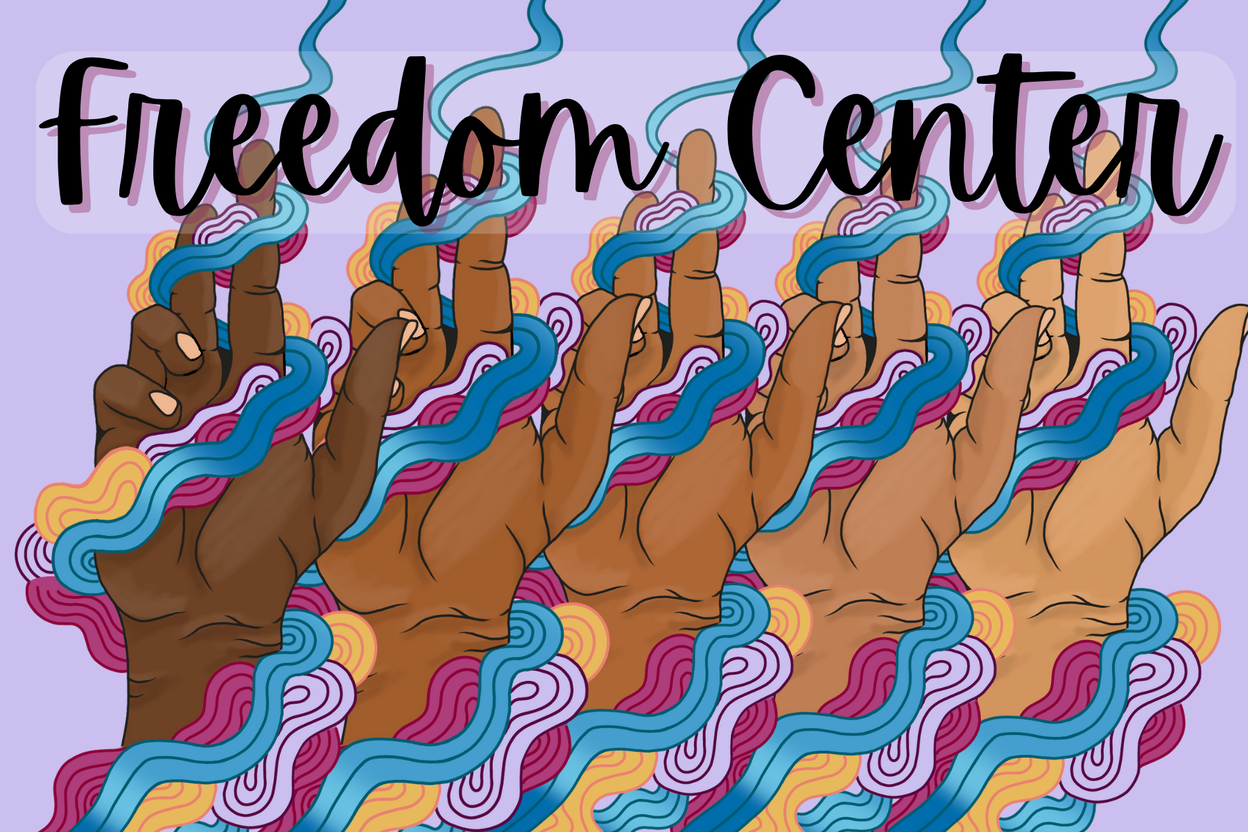 purple background, with freedom center logo of various skin tones overlaying with "Freedom Center" at the top of picture