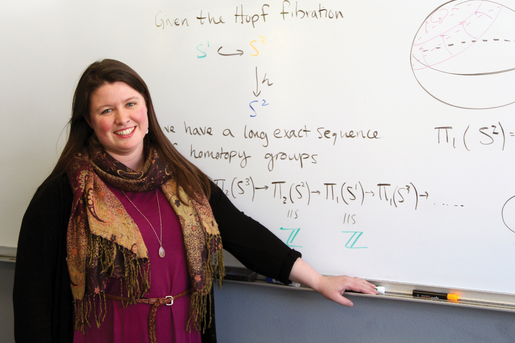 A woman standing in front of a whitebaord with math on it, wearing a burgundy dress, brown belt,