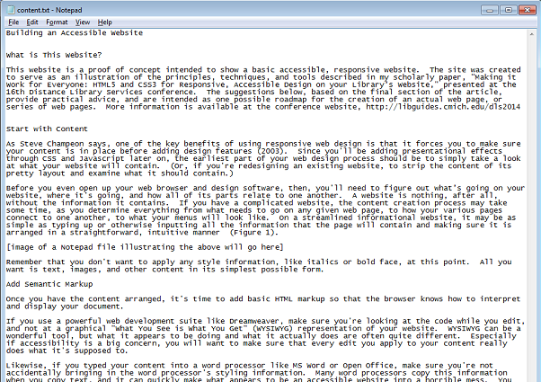 Screen capture of the content of a website written up in Notepad