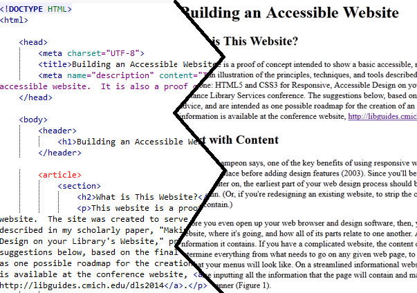 Screen capture of a website with basic HTML markup applied, showing both its public view and its markup.