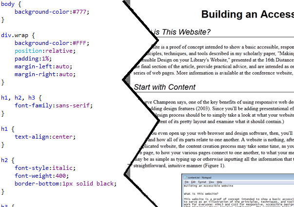 Screen capture of a website with more advanced CSS styling applied, showing both browser view and sample of the CSS file.