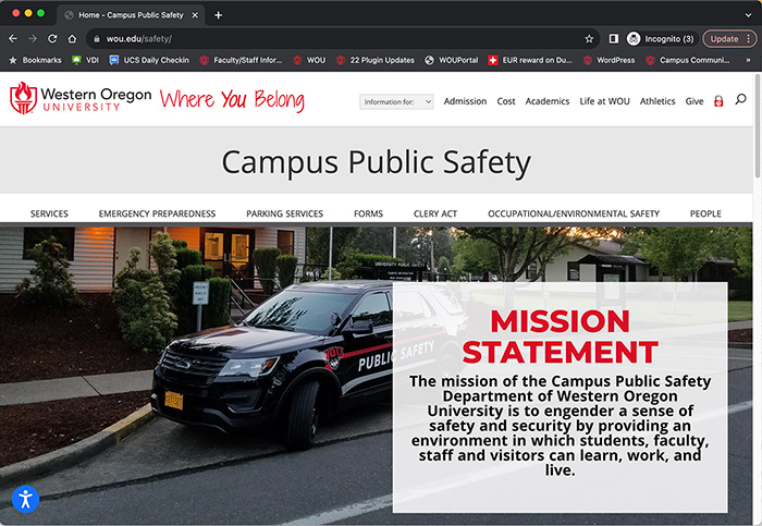 WOU Campus Public Safety website screenshot