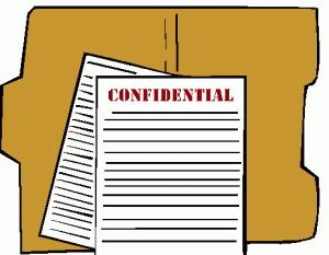 An open folder contains papers labelled confidential