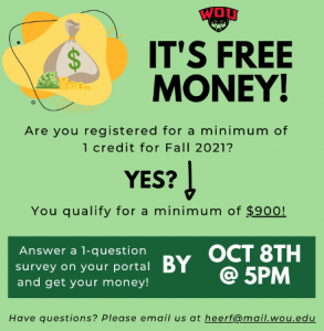 It's free money! Are you registered for a minimum of 1 credit for fall 2021? You qualify for a minimus of $900!
