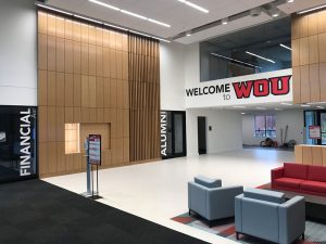 Inside of WOU's Welcome Center, front of Financial Aid