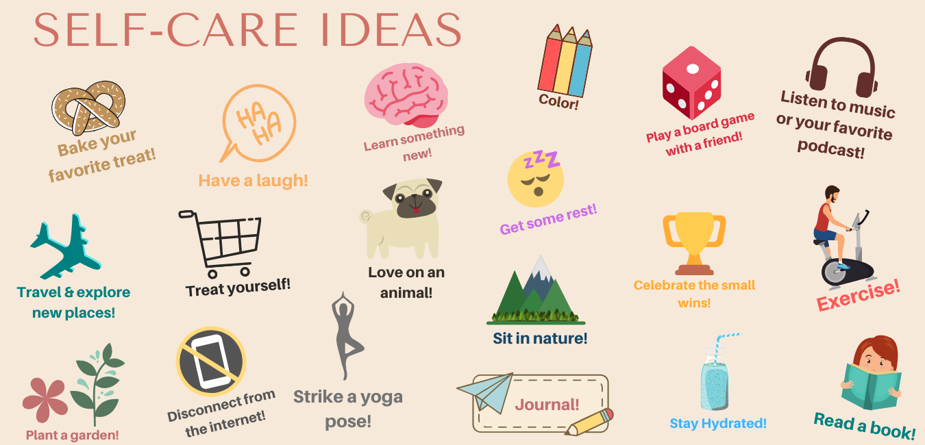  Self-care ideas to manage career pressure including travel, yoga, reading, gardening, and spending time with animals.