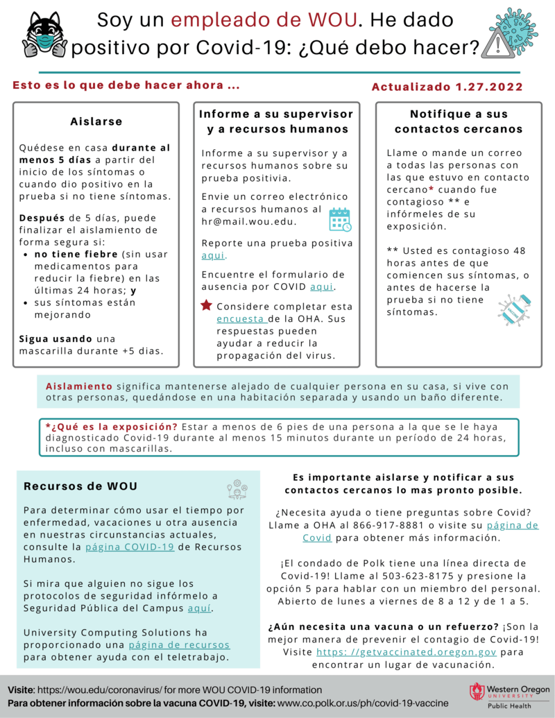 WOU Employee Test Positive Handout (Spanish, Updated 1.27.22)