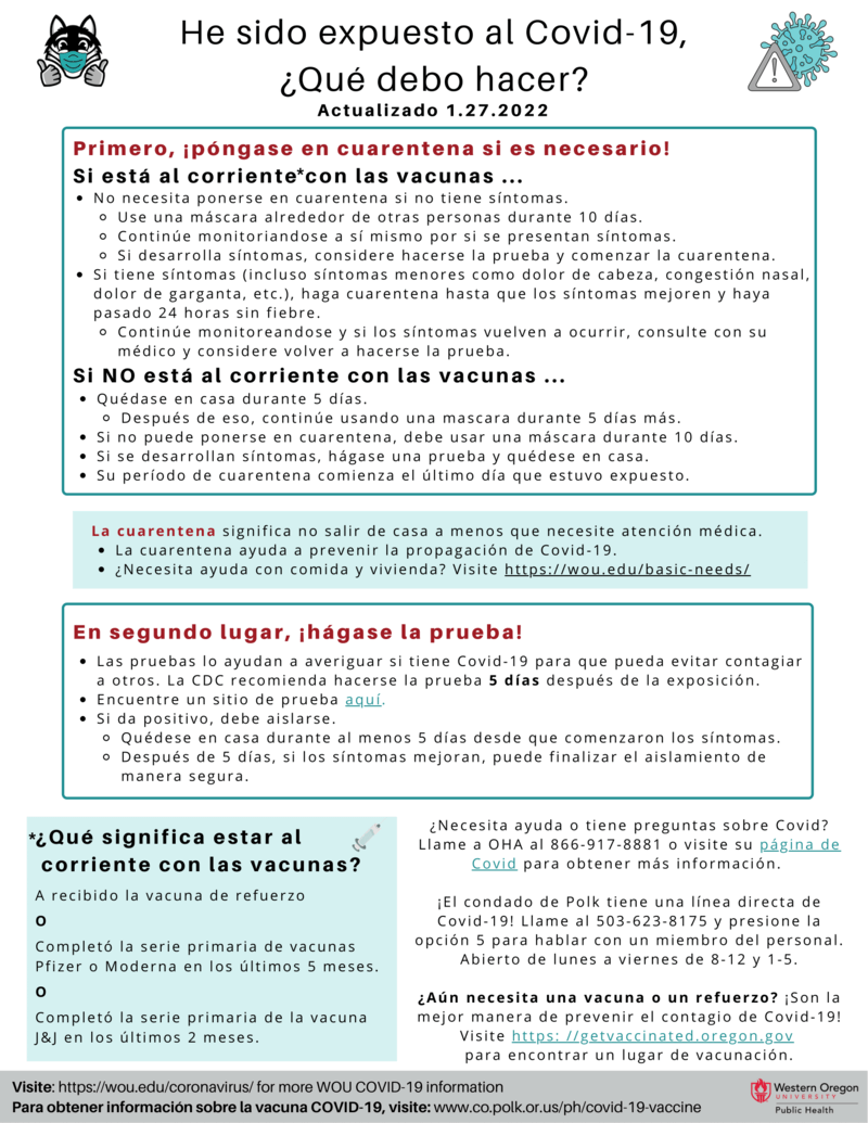 WOU Student Exposure Handout (Spanish, Updated 1.27.22)