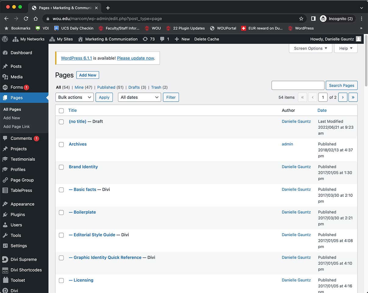 Screenshot of the pages directory in wordpress