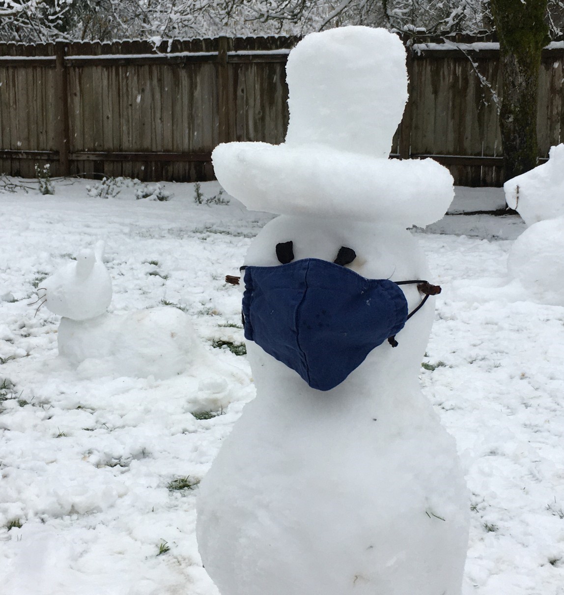 A snowman wearing a blue non surgical mask in the snow