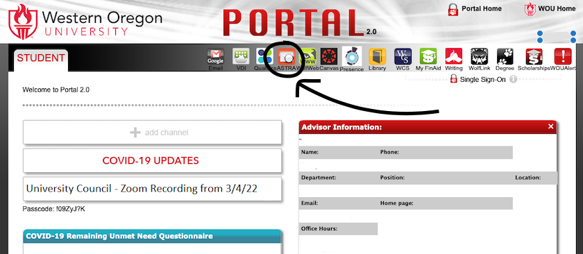 The WOU portal website with a circle around the ASTRA icon and an arrow pointing to it.