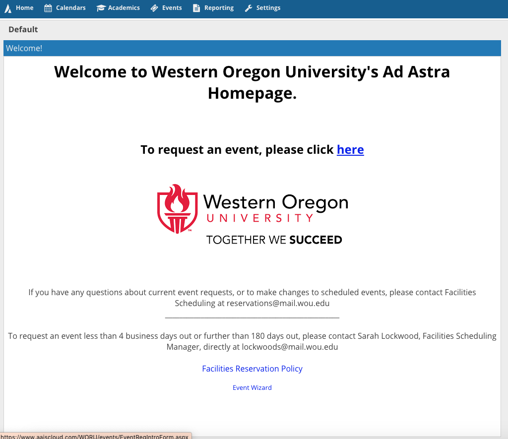 The welcome screen for the Western Oregon University's Ad Astra Homepage.
