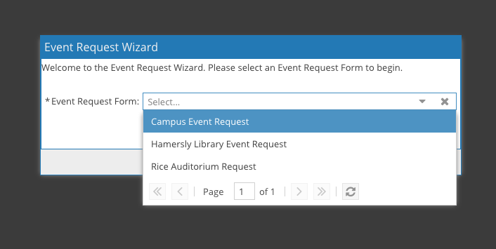 Event Wizard application window with Campus Event Request being selected from a drop down window.