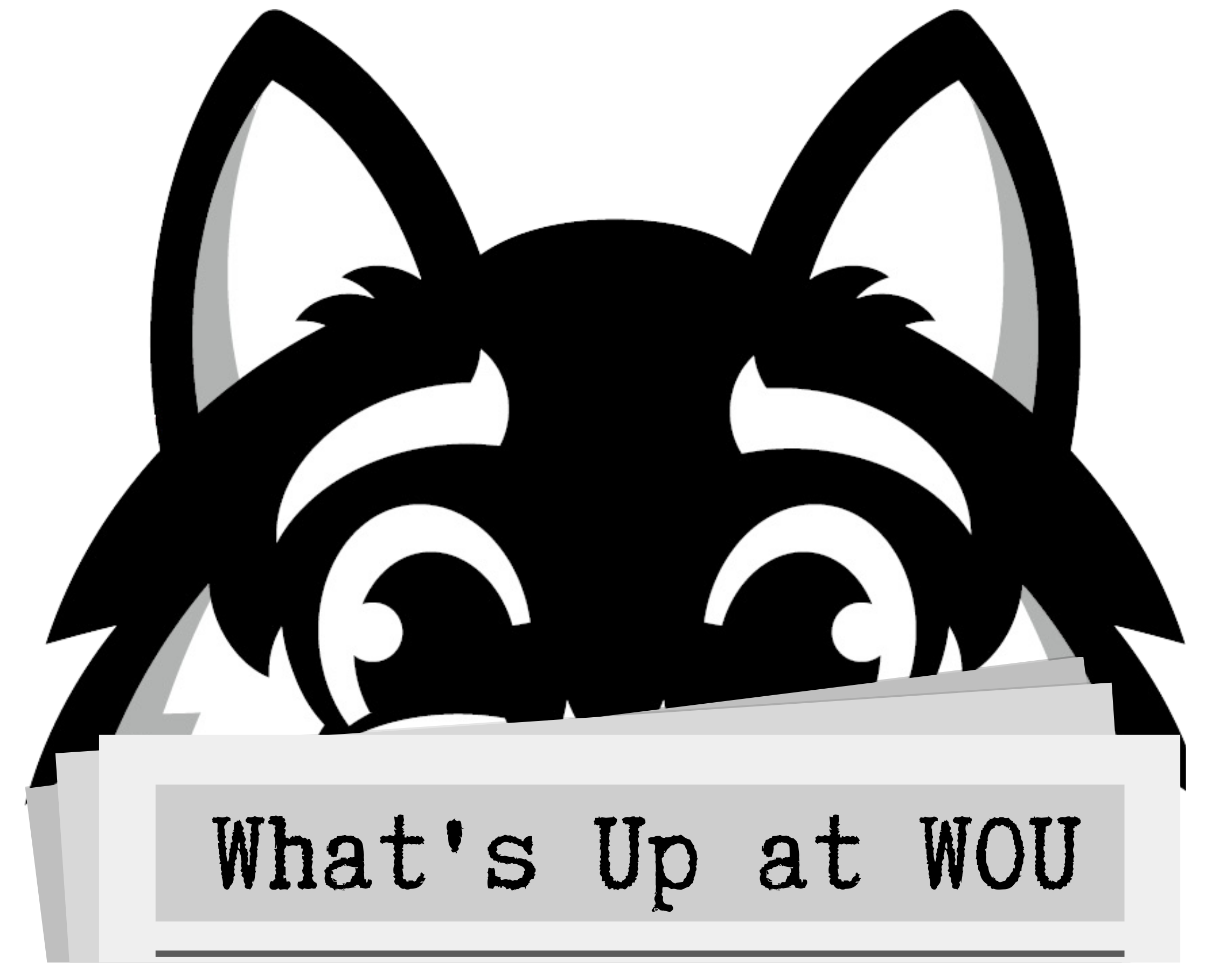 Wolfie cartoon peaking around a newspaper with the text 'What's Up at WOU'