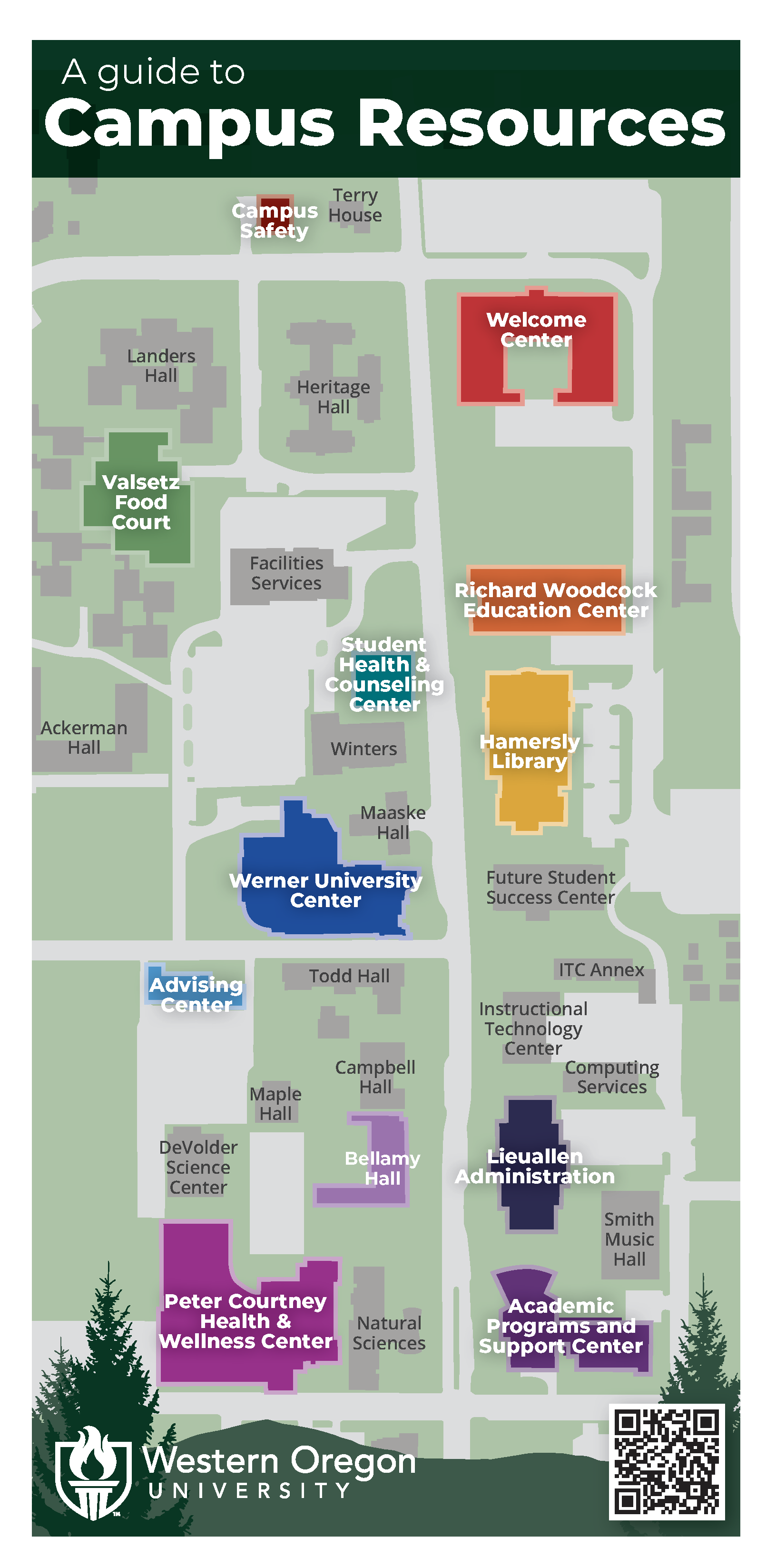 WOU campus map with variety of colored buildings.