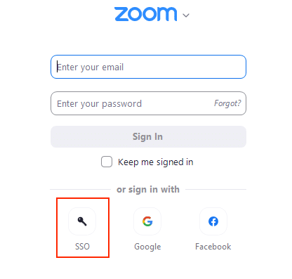 zoom login screen with SSO highlighted