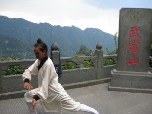 A Wudang monk performing a Tai Chi form as a thunder storm rolls in behind him. 