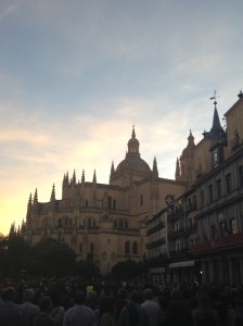 The cathedral with the sunset in the background