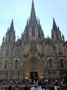 eo-Gothic facade of the Cathedral of the Holy Cross and Saint Eulalia, in the Gothic Quarter of Barcelona, Spain